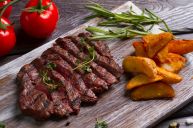 Steak with beer sauce and sweet potatoes